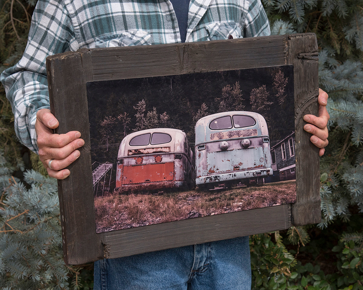 Vintage trolley buses, 12x18 Barn Wood Frame