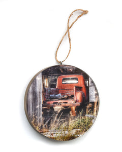 Red Truck In A Barn Christmas Ornament